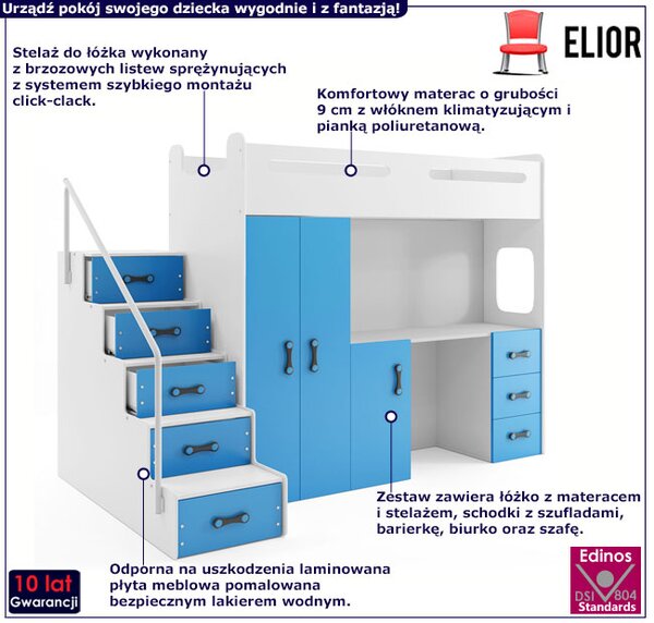Biało-niebieskie piętrowe łóżko dla dzieci 3w1 F7-H16