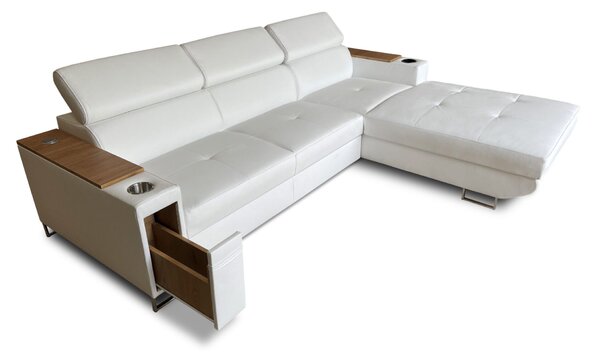 Skórzany narożnik, kanapa narożna 270/210 cm Charlie VIII z barkiem, USB+230V