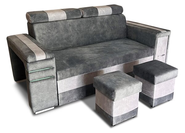 Nowoczesna Sofa KESLER I, podświetlenie + 2 x pufy, ruchome zagłówki Tkanina Plamoodporna