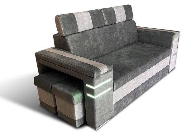 Nowoczesna Sofa KESLER I, podświetlenie + 2 x pufy, ruchome zagłówki Tkanina Plamoodporna