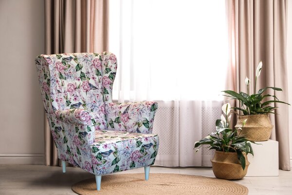 Elegancki Fotel Uszak L bez przeszyć w kwiaty tkanina Premium