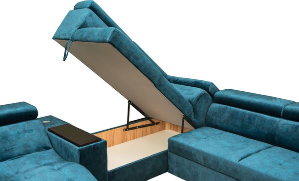 Narożnik PANAMO I 160/280/300 cm Kanapa + Szezlong funkcja spania, regulowane zagłówki, półka pod laptop