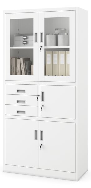 Szafa biurowa metalowa z sejfem, szklane drzwi, biała, 900x1850x400 mm: FILIP