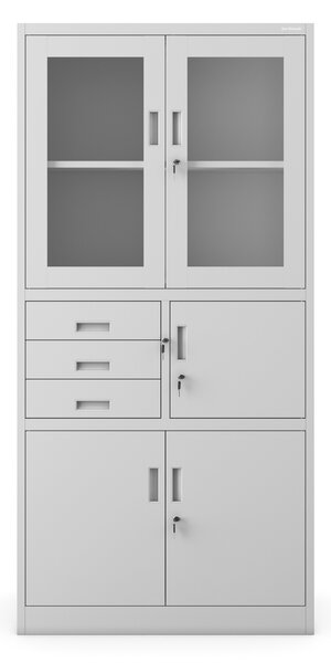 Szafa biurowa metalowa z sejfem, szklane drzwi, szara, 900x1850x400 mm: FILIP
