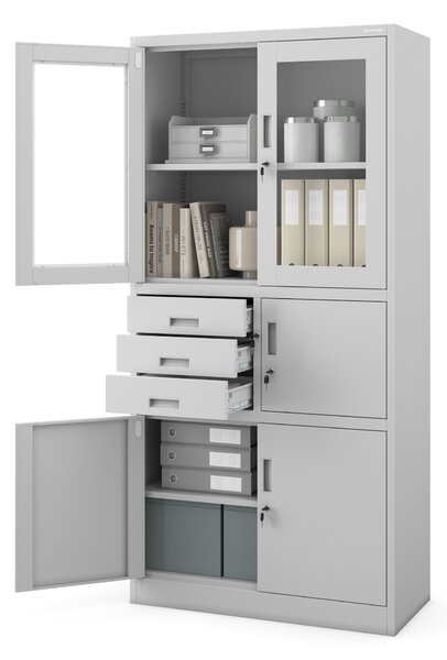 Szafa biurowa metalowa z sejfem, szklane drzwi, szara, 900x1850x400 mm: FILIP