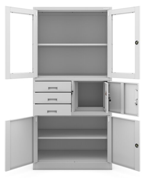 Szafa biurowa metalowa z sejfem, szklane drzwi, szara, 900x1850x400 mm: FILIP