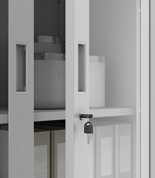 Szafa biurowa metalowa z sejfem, szklane drzwi, szara, 900x1850x400 mm: FILIP