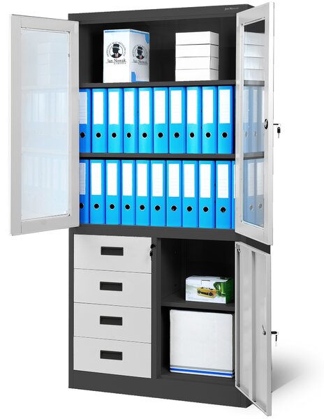 Biurowa przeszklona szafa metalowa na akta z szufladami WIOLA, 900 x 1850 x 400 mm, antracytowo-biała