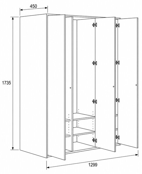 Szafka FRAME, 3 przedziały, 1299 x 450 x 1735 mm, PUSH-lock, biały