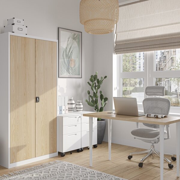 Szafa na dokumenty biurowa metalowa biała/ dąb sonoma: Eco Design JAN H, 900 x 1950 x 400 mm