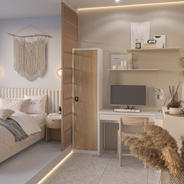 Biurowa szafa metalowa ALEX, 450 x 1850 x 400 mm, Eco Design: biała/ dąb sonoma
