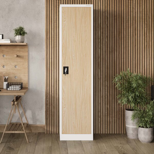 Biurowa szafa metalowa ALEX, 450 x 1850 x 400 mm, Eco Design: biała/ dąb sonoma