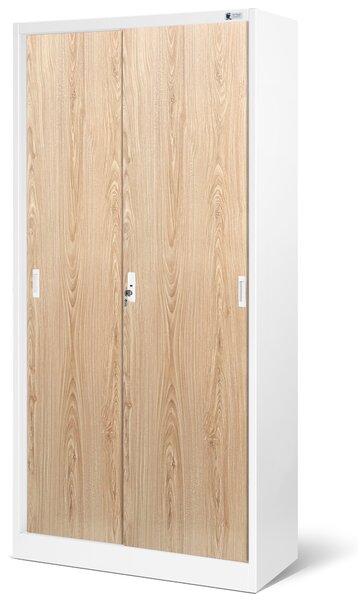 Szafa metalowa biurowa z drzwiami przesuwnymi biała/dąb sonoma, 900x1850x400 mm: KUBA Eco Design