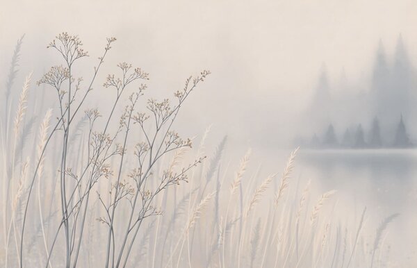 Fototapety Trawy łąkowe nad wodą w zamglonym krajobrazie, Fototapety Natura, w05534 : Uwalls.pl