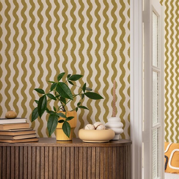 Tapety Falisty żółty wzór na kremowym tle, Tapety Geometryczne, Tapety w paski, a01188v5 : Uwalls.pl