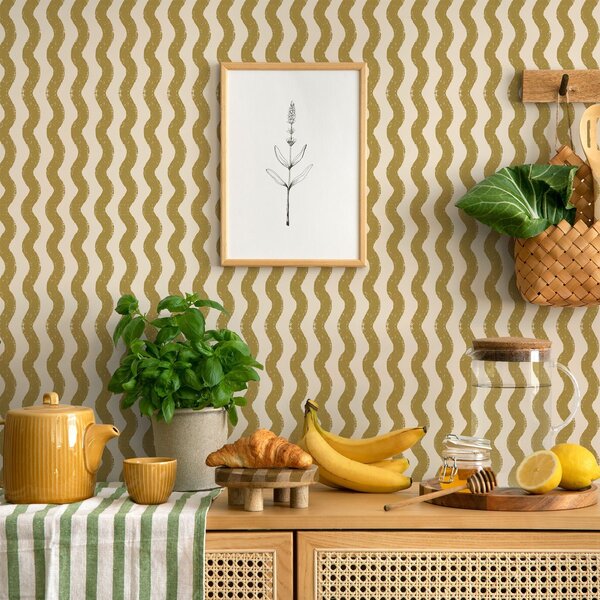 Tapety Falisty żółty wzór na kremowym tle, Tapety Geometryczne, Tapety w paski, a01188v5 : Uwalls.pl