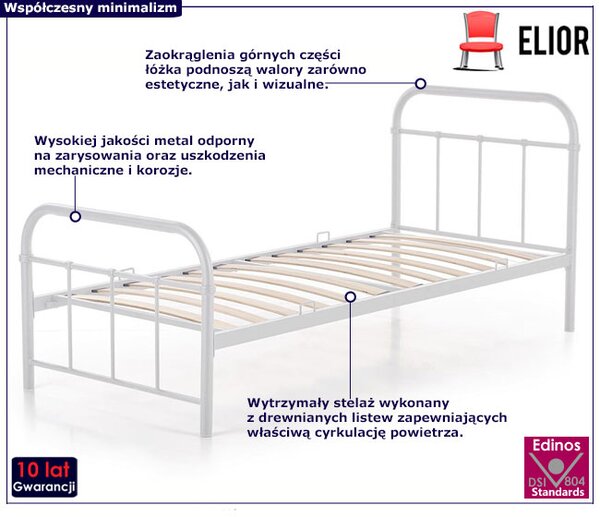 Białe pojedyncze łóżko z metalu 90x200 F7-F49