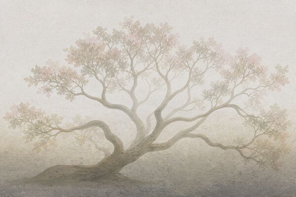 Fototapety Minimalistyczny pejzaż z zamglonymi drzewami w delikatnych beżowych odcieniach, nastrojowa grafika, Fototapety Natura, w05602 : Uwalls.pl