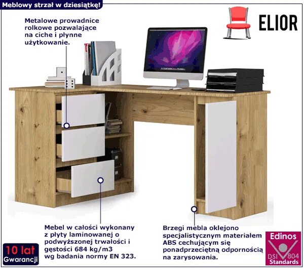 Lewostronne biurko z szufladami dąb artisan + biały F3-D14