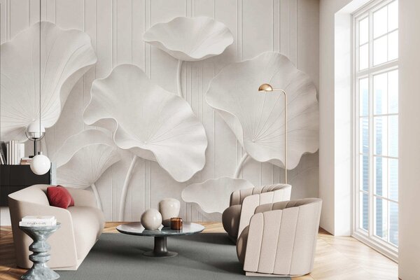 Fototapety Biała rzeźbiona kompozycja kwiatowa z warstwowymi płatkami – elegancka dekoracja ścienna w stylu 3D, Fototapety 3D, w05604 : Uwalls.pl