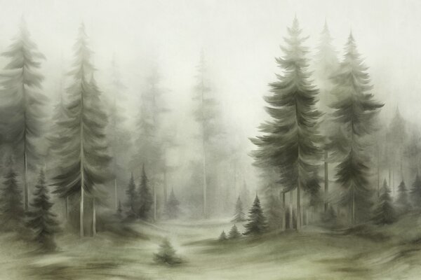 Fototapety Gęsty las z wysokimi sosnami w lekkiej mgle – obraz przedstawiający malowniczy krajobraz, Fototapety Natura, w09830v1 : Uwalls.pl