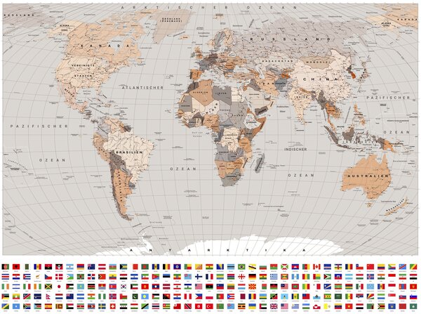 Fototapety Mapa polityczna świata z flagami w odcieniach brązu i beżu (w języku niemieckim), Tapety Wyjątkowe, c00004dev2 : Uwalls.pl