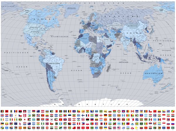 Fototapety Mapa polityczna świata z flagami w odcieniach niebieskiego (wersja niemiecka), Tapety Wyjątkowe, c00004dev3 : Uwalls.pl