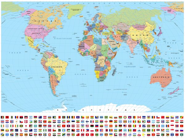 Fototapety Oliwkowa mapa polityczna świata z flagami, w języku ukraińskim, Fototapety Mapy, c00004uk : Uwalls.pl