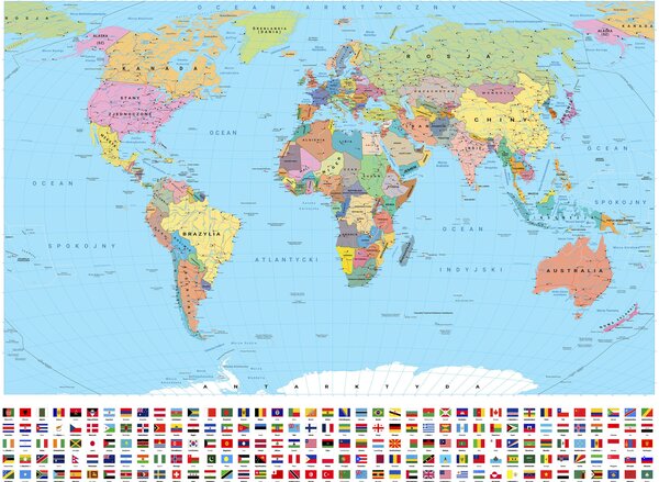 Fototapety Oliwkowa mapa polityczna świata z flagami w języku polskim, Fototapety Mapy, c00004pl : Uwalls.pl