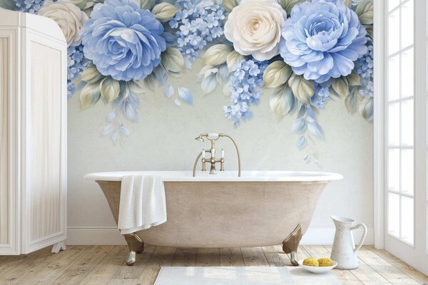 Fototapety Delikatne róże i bukiety kwiatów w inspirowanej porcelaną kompozycji botanicznej, z delikatnymi,, Fototapety Kwiaty, w05495 : Uwalls.pl