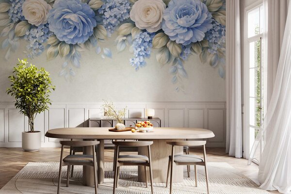 Fototapety Delikatne róże i bukiety kwiatów w inspirowanej porcelaną kompozycji botanicznej, z delikatnymi,, Fototapety Kwiaty, w05495 : Uwalls.pl