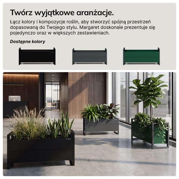 Osłona donica na kwiaty metalowa niska czarna: MARGARET 1000 x 430 x 380 mm