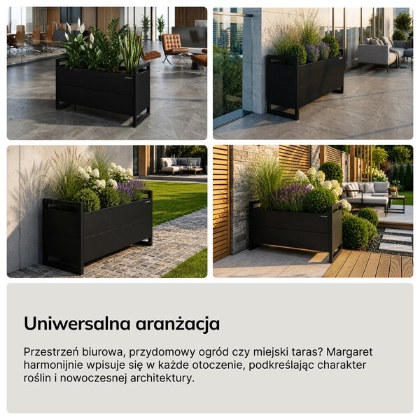 Osłona donica na kwiaty metalowa niska czarna: MARGARET 1000 x 430 x 380 mm