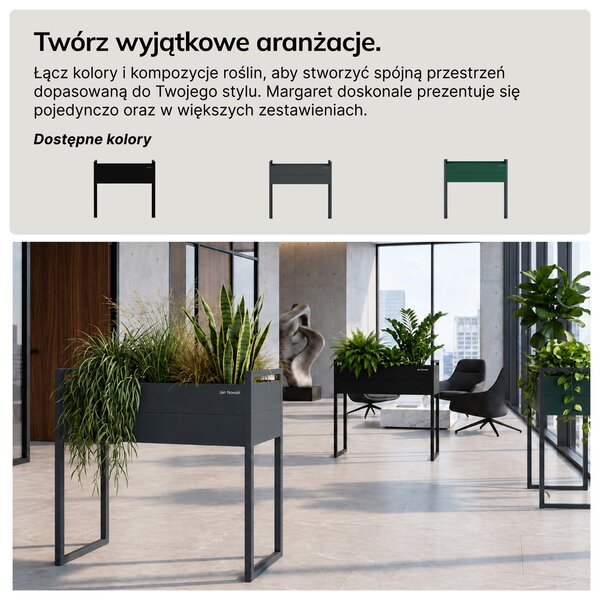 Osłona donica na kwiaty metalowa wysoka czarna: MARGARET H 1000 x 1000 x 380 mm