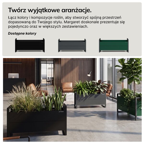 Osłona donica na kwiaty metalowa niska butelkowozielono-antracytowa: MARGARET 1000 x 430 x 380 mm