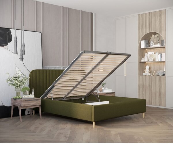 Zielone tapicerowane łóżko jednoosobowe ze schowkiem ze stelażem 120x200 cm Noto – Maison de Rêve