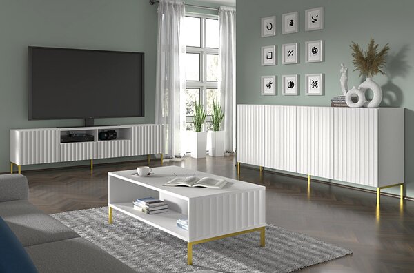 Ława kawowa z lamelami biały mat + złote nóżki D8-H60