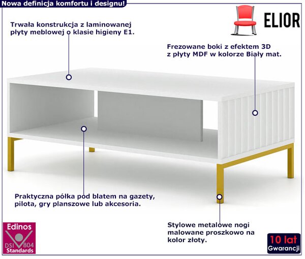 Ława kawowa z lamelami biały mat + złote nóżki D8-H60