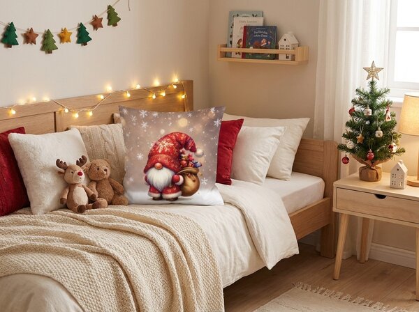 3D poszewka na poduszkę z mikrofibry SANTA GNOME 45x45 cm, czerwona