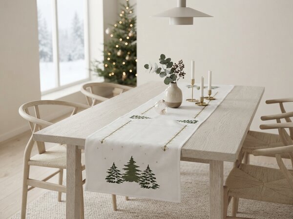 Świąteczny bieżnik na stół EVERGREEN CHARM 40x140 cm, biały