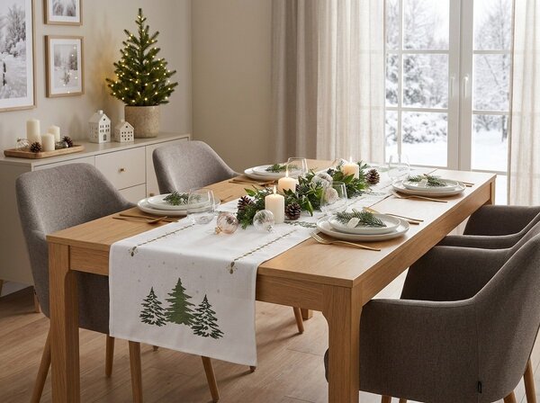 Świąteczny bieżnik na stół EVERGREEN CHARM 40x140 cm, biały