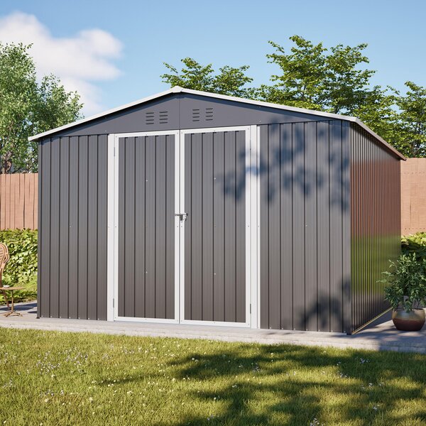 Domek ogrodowy metalowy, wymiary 300x311x200 cm, rama podłogowa, wytrzymały, drzwi zamykane na klucz, odporny na warunki atmosferyczne