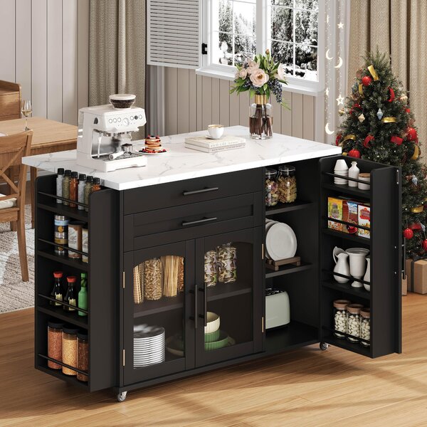 Mobilna wyspa kuchenna o wymiarach 120x45(70)x90 cm, składana, wyposażona w 5 kółek, z miejscem do przechowywania, półką na przyprawy i szufladą na sztućce