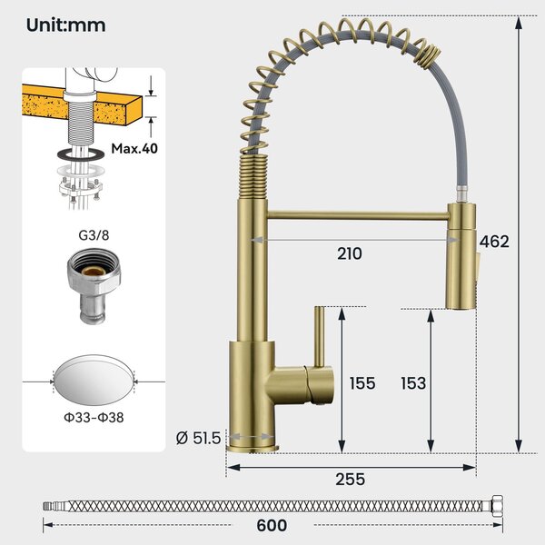 Bateria kuchenna 360°, wyciągana wylewka, dwie funkcje strumienia, złoty szczotkowany, do kuchni