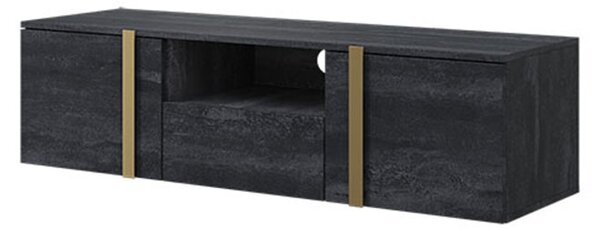 Wisząca szafka RTV Verica z wnęką i szufladą 150 cm - czarny beton / złote uchwyty