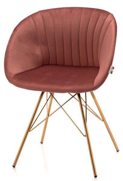Krzesło tapicerowane do jadalni Bolseno różowe ze złotymi nogami, glamour