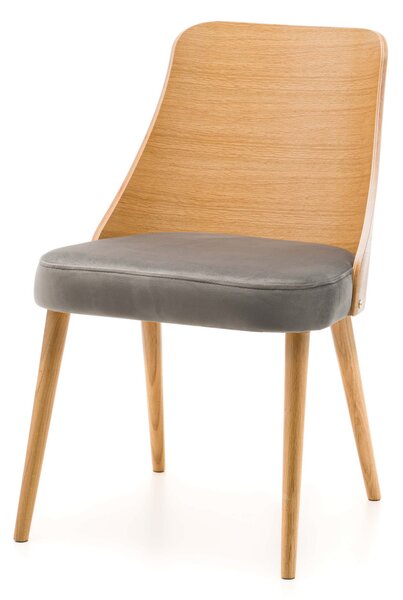 Krzesło dębowe tapicerowane SK98 szare siedzisko, drewniane nogi i oparcie do salonu