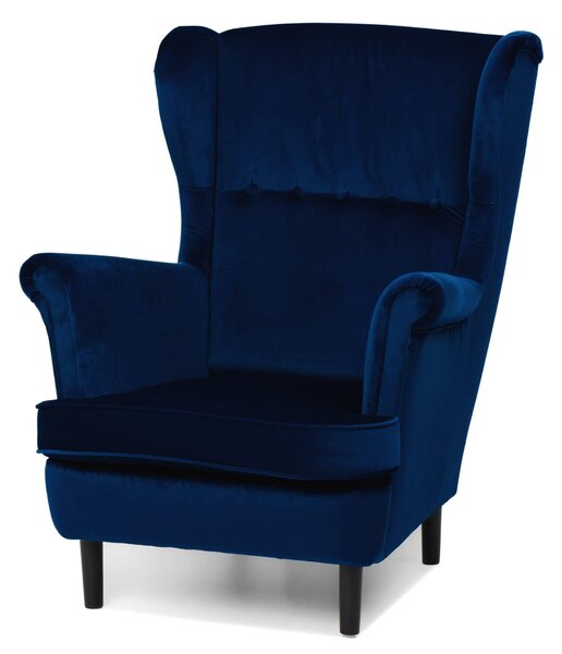 Fotel uszak ciemnoniebieski SK155 welurowy z drewnianymi nóżkami