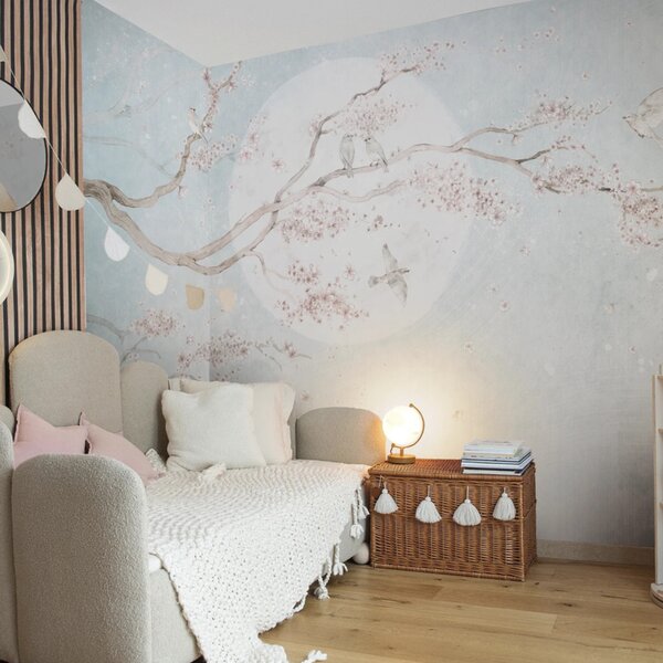 Tapeta MAGNOLIA - mint - miętowa tapeta dla dziewczynki z kwiecistym drzewem