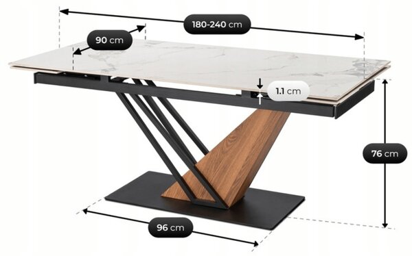 Stół Rozkładany Prostokątny REX 2 180-240 cm Ceramiczny Biały Marmur/Czarny do Jadalni Nowoczesny Loft